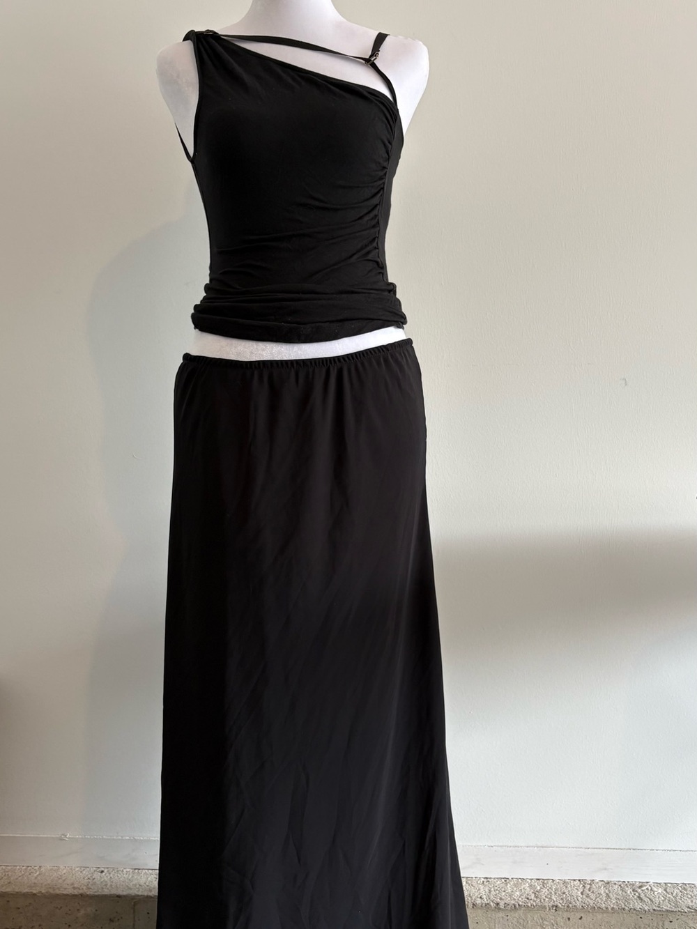 Black Maxi Slip Skirt Minimalist Y2K 90s Grunge Fairy Goth Bias Cut Long Skirt